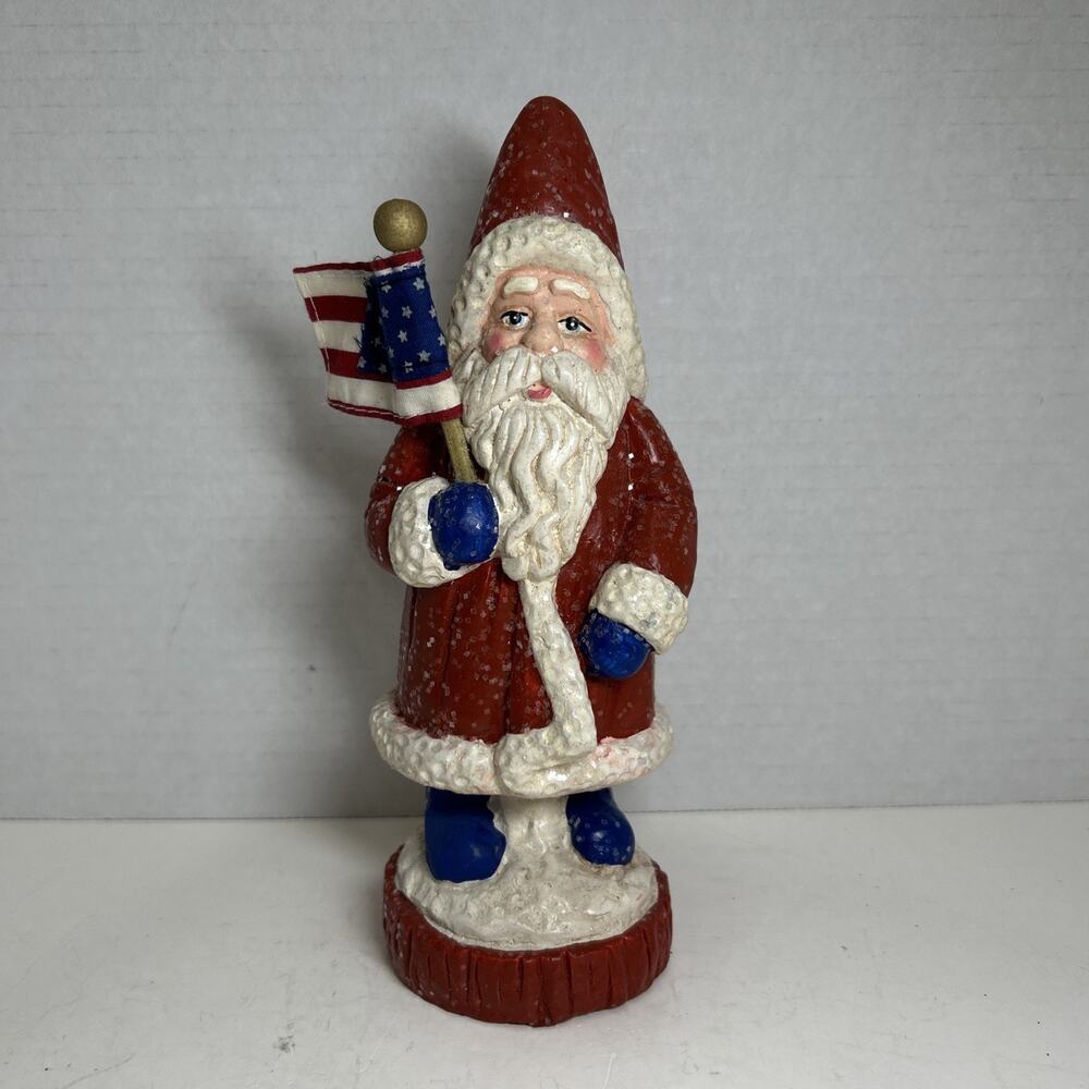 VTG Patriotic Old World Santa 8" Figurine Resin Santa’s Workbench Christmas